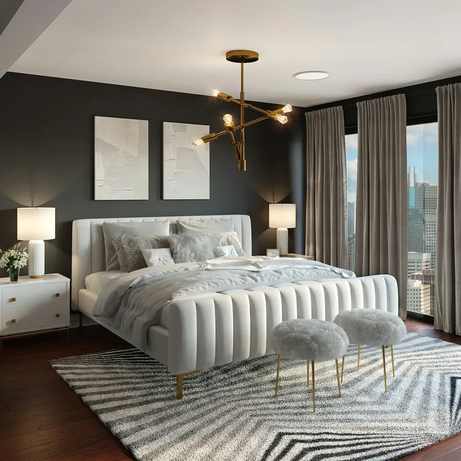 Contemporary bedroom with upholstered bed and nightstands